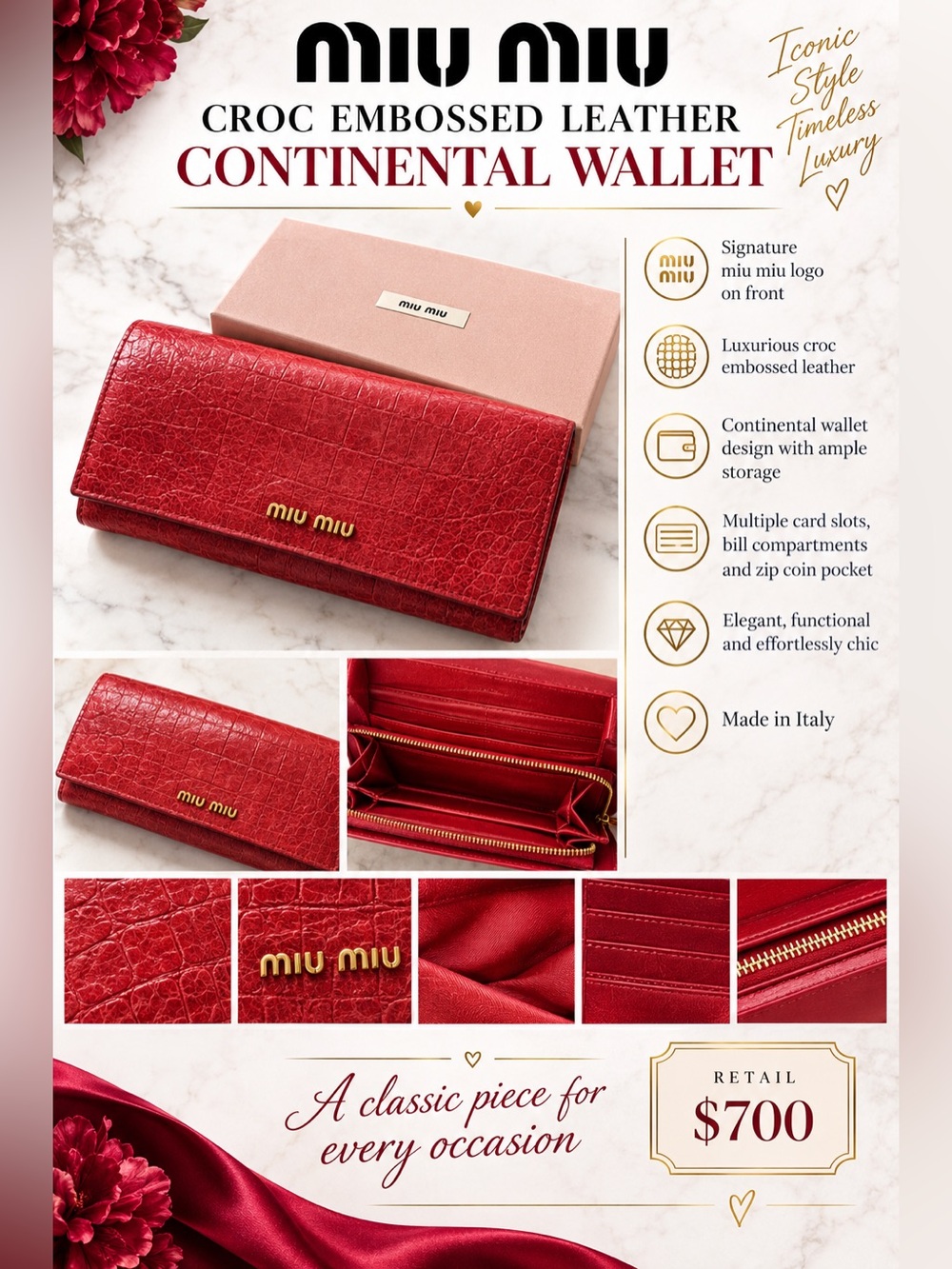 Miu Miu Red Croc-Embossed Leather Continental Wallet with Gold Logo